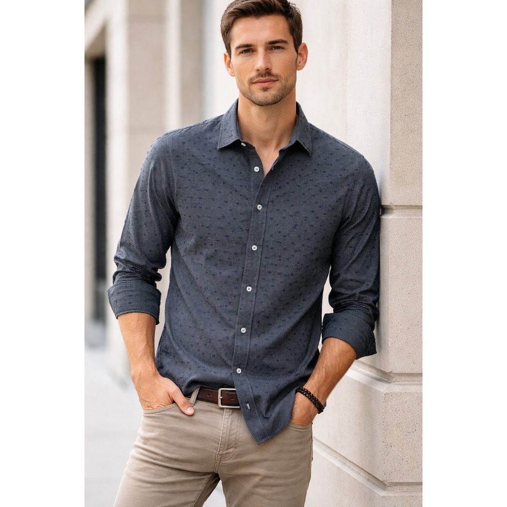 Civil‎ Society Mens Charcoal Grey Blue Clip Dot Button Down Shirt Medium